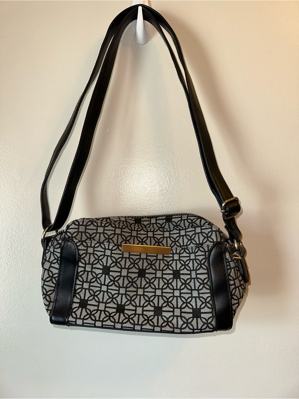 Black Patterned Shoulder Bag with Gold Accent